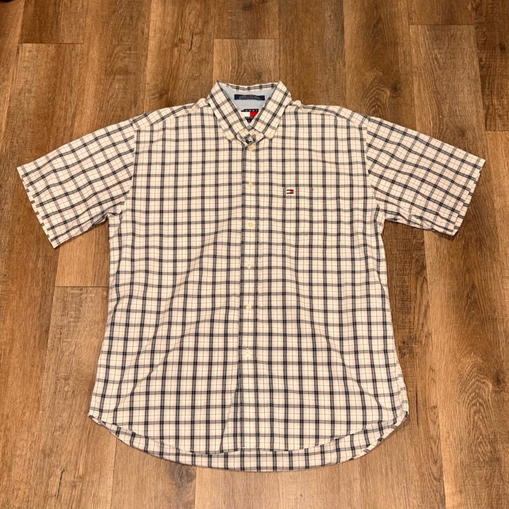 Tommy Hilfiger Mens Large Short Sleeve Button Down Shirt Navy White Plaid Cotton